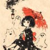 Yokai Girl With Ghosts And Umbrella Poster