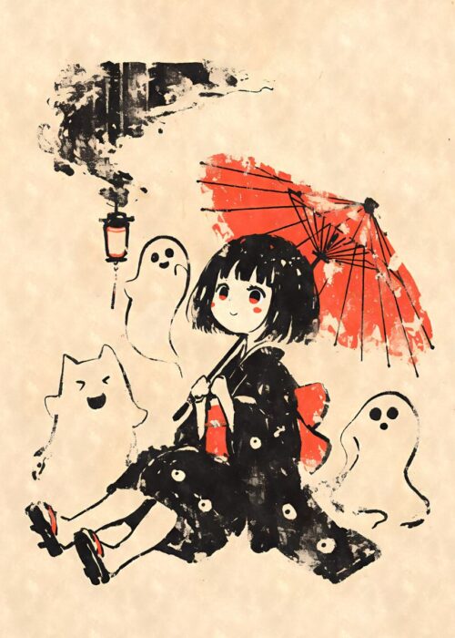 Yokai girl with ghosts and umbrella poster