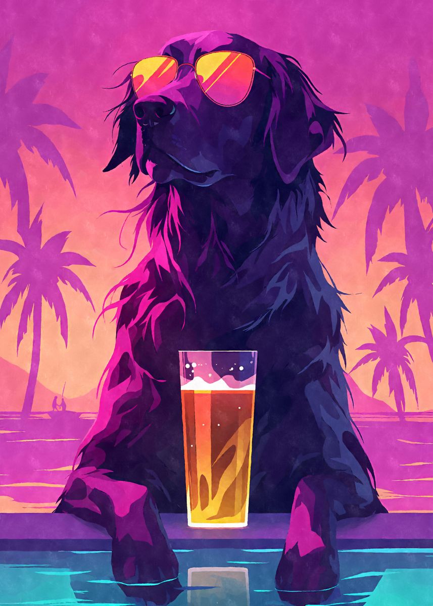 80s Retro Flat Coated Retriever Poster