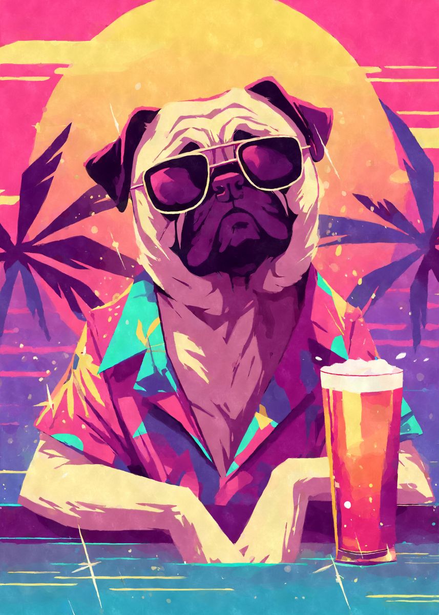 80s Retro Pug Beer Poster