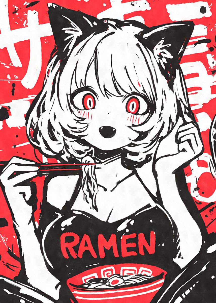 Anime Cat Girl Eating Ramen Poster