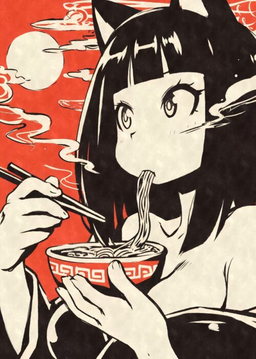 Anime cat girl eating ramen poster