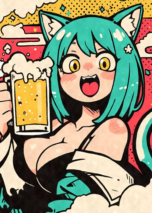 Anime cat girl with beer poster