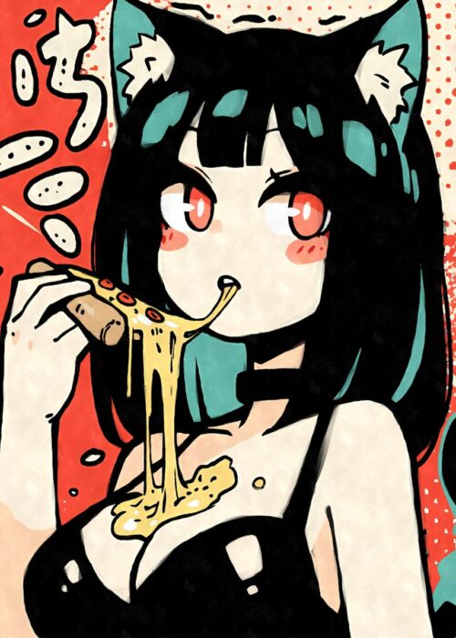 Anime girl eating pizza poster
