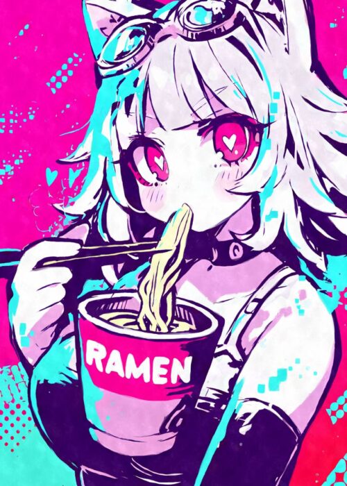 Anime girl eating ramen poster