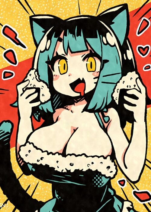 Cat girl eating onigiri poster