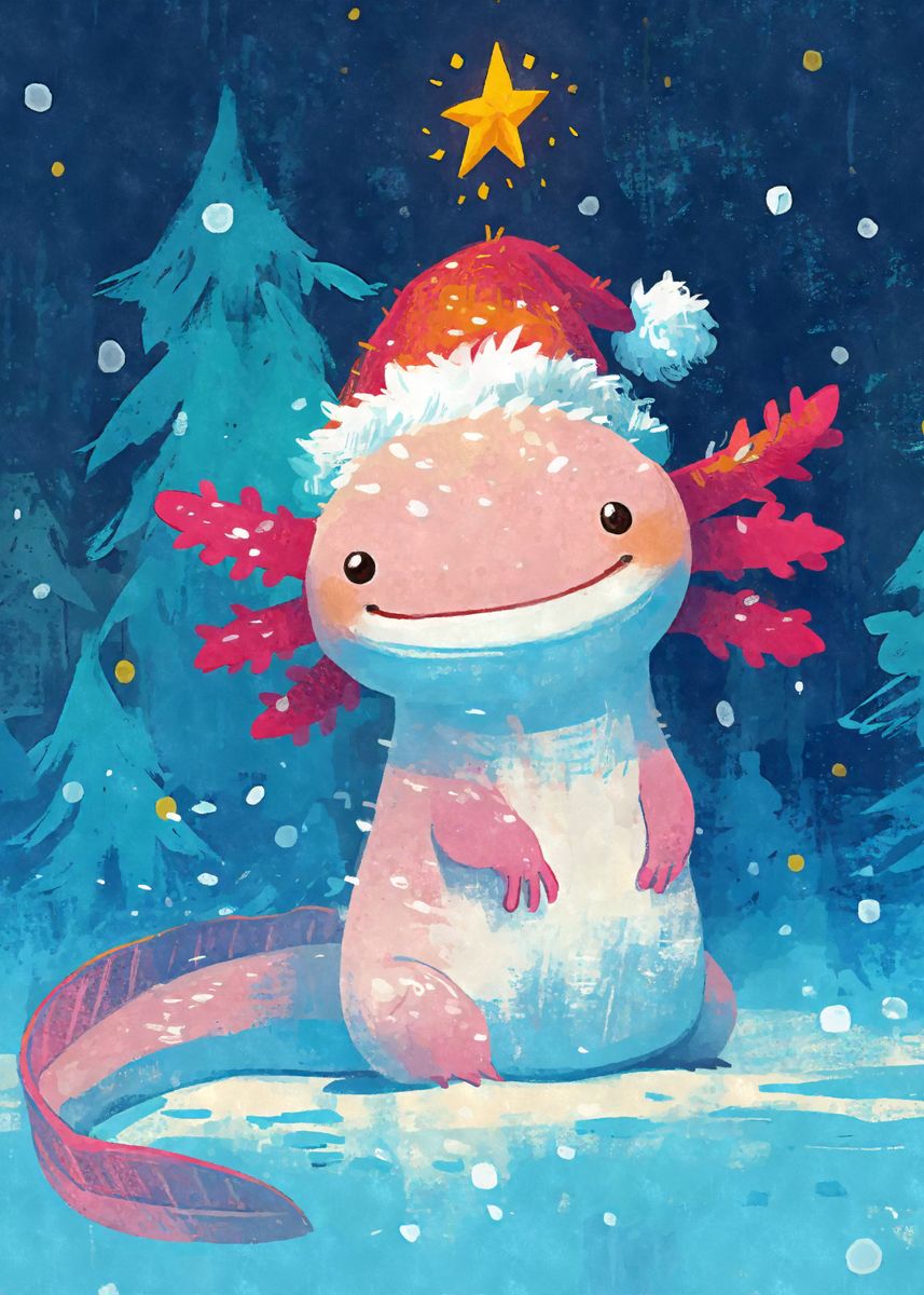 Christmas Axolotl Santa Hat Poster