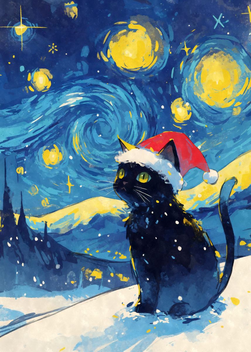 Christmas Black Cat Santa Hat Poster