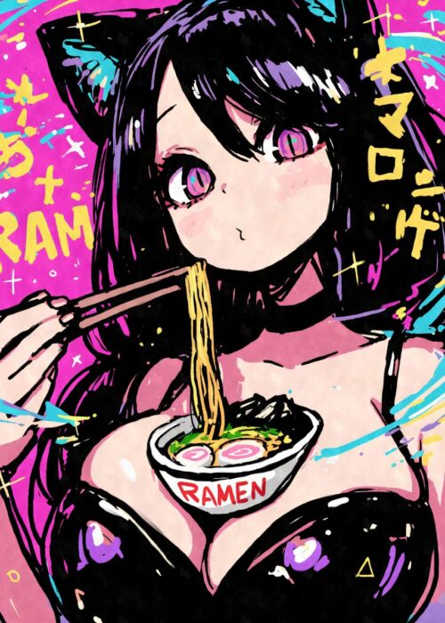 Comic anime girl eating ramen poster