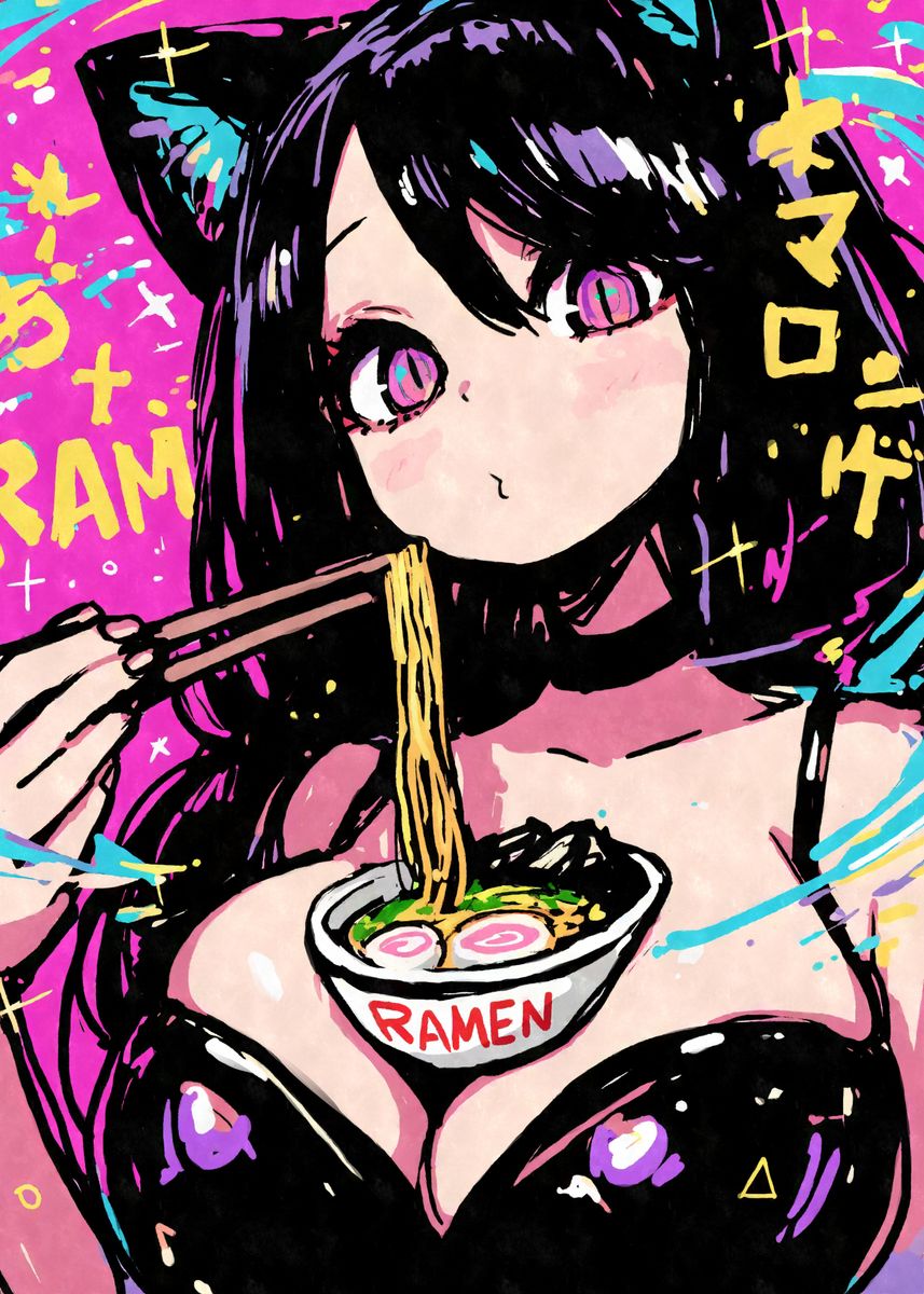 Comic Anime Girl Eating Ramen Poster