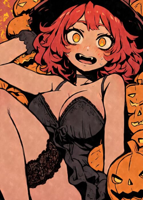 Halloween witch with pumpkins poster