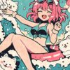 Kawaii Anime Cat Girl Swimming Poster