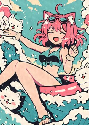 Kawaii Anime Cat Girl Swimming Poster