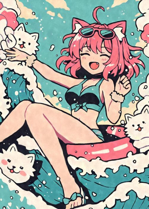 Kawaii anime cat girl swimming poster