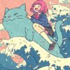 Kawaii Anime Girl Riding Cat Poster