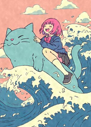 Kawaii Anime Girl Riding Cat Poster