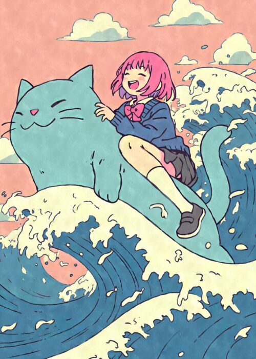 Kawaii anime girl riding cat poster