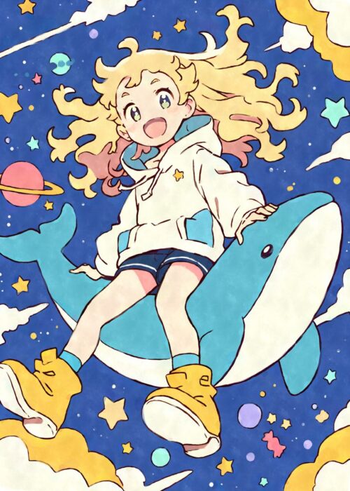 Kawaii anime girl riding whale in space poster
