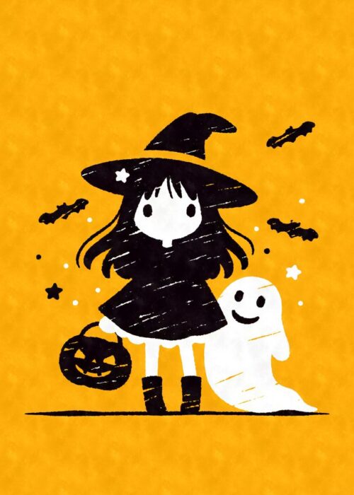 Kawaii halloween witch and ghost poster