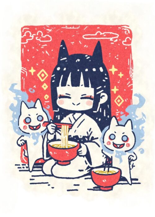 Kawaii yokai demon girl ramen poster