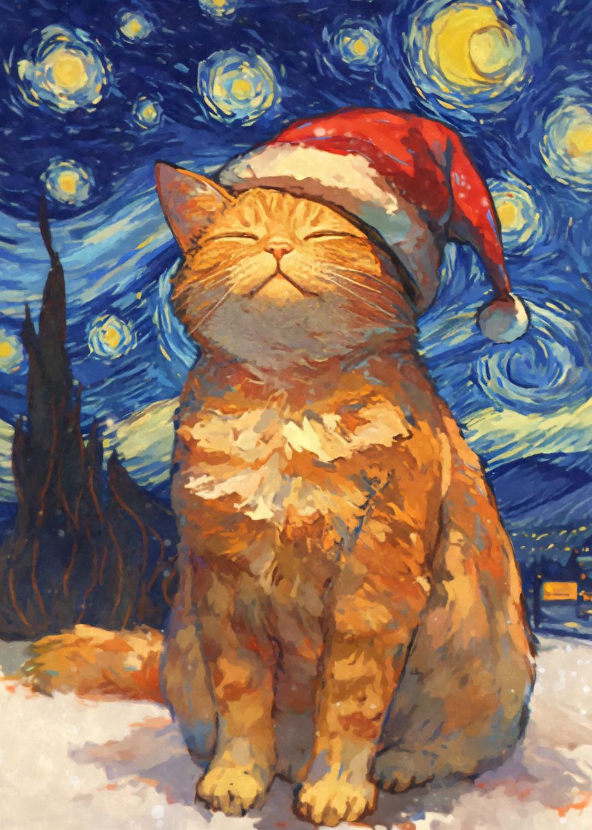 Orange Cat Santa Hat Poster