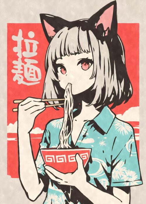 Retro 80s anime girl eating ramen poster