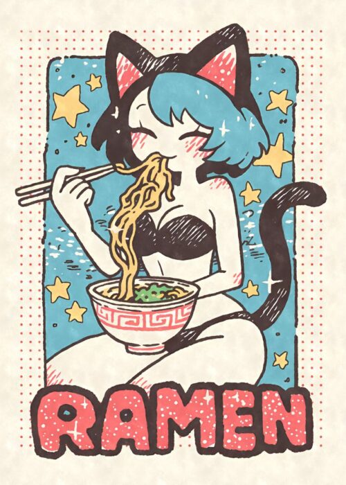 Retro cat girl ramen poster