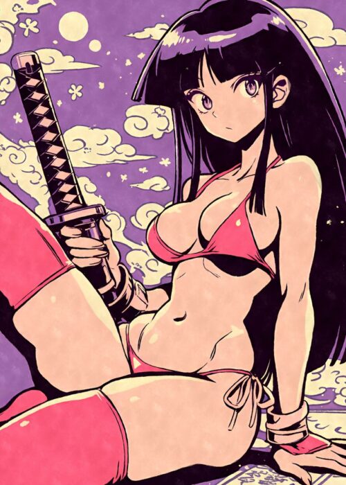Samurai anime girl with katana poster