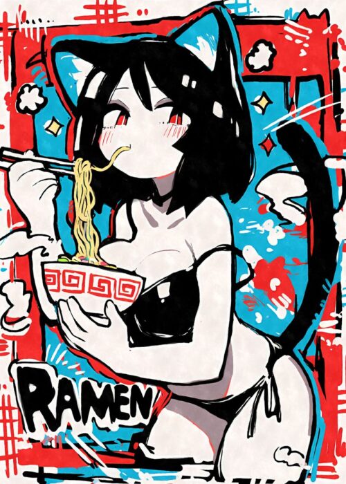 Sexy cat girl ramen graffiti poster