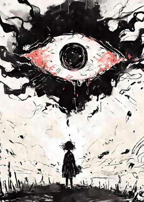 Weirdcore giant eye sky black ink poster