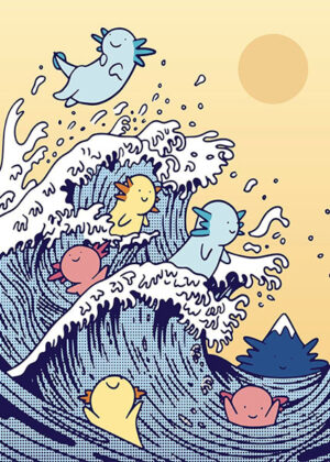 Axolotls surfing big waves kanagawa japanese poster.jpg