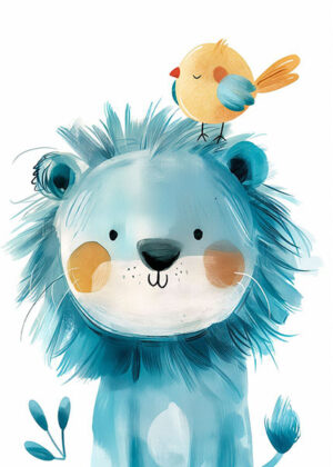 Cheeky blue lion with a bird kids room poster.jpg