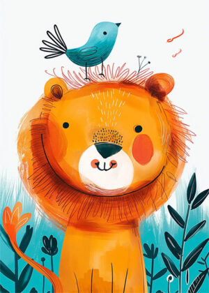 Cheeky lion with a bird kids room poster.jpg