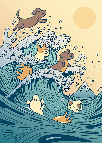 Dogs swimming great wave kanagawa japanese poster.jpg