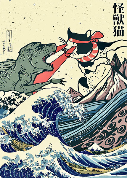 Japanese kaiju vs cat kanagawa waves poster.jpg