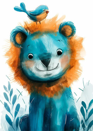 Joyful blue lion with a bird kids room poster.jpg