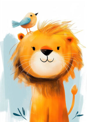 Smiling lion with a bird kids room poster.jpg